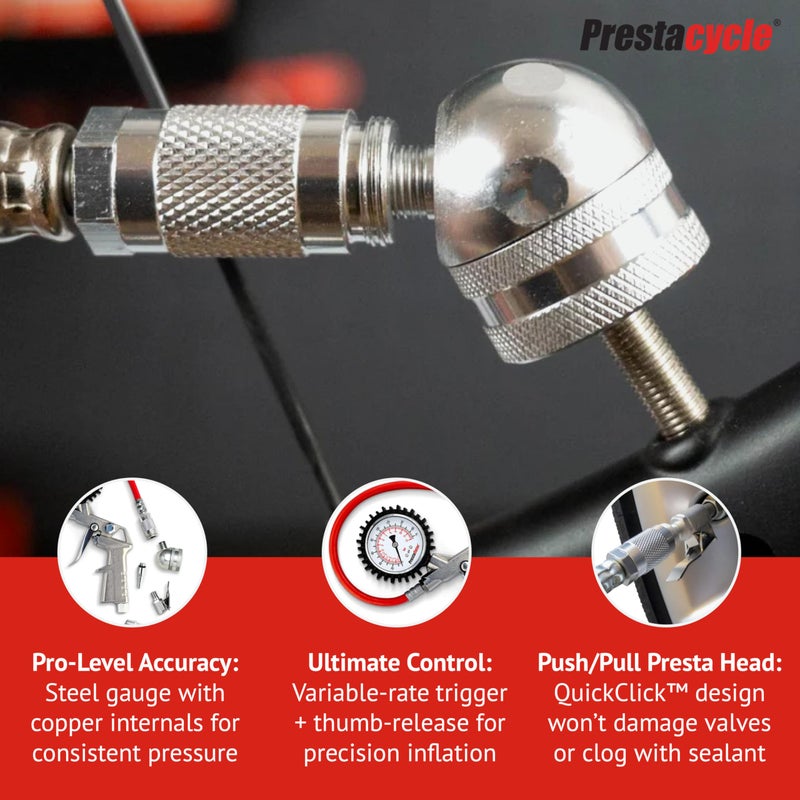 Prestacycle Prestaflator Multipurpose Bicycle Tire Inflation Tool â€“ Presta & Schrader Air Compressor Tool with QuickClickâ„¢ Heads, Steel Gauge, Variable-Rate Trigger, and High-Flex Hose - Image 4
